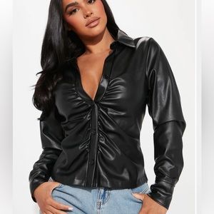 Black faux leather button down